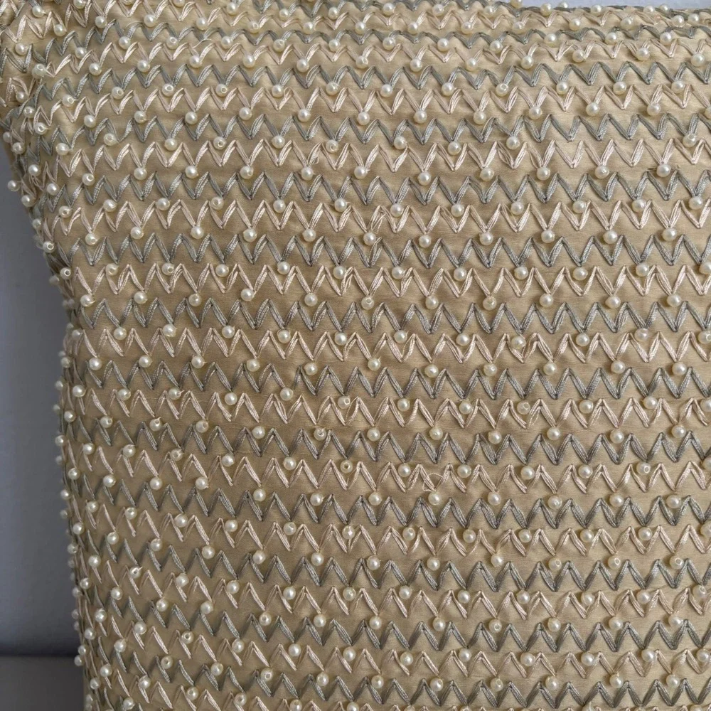 Gold Beaded Chevron Silk Throw Pillow Faux Pearl‎ Embroidered Square Accent 16in